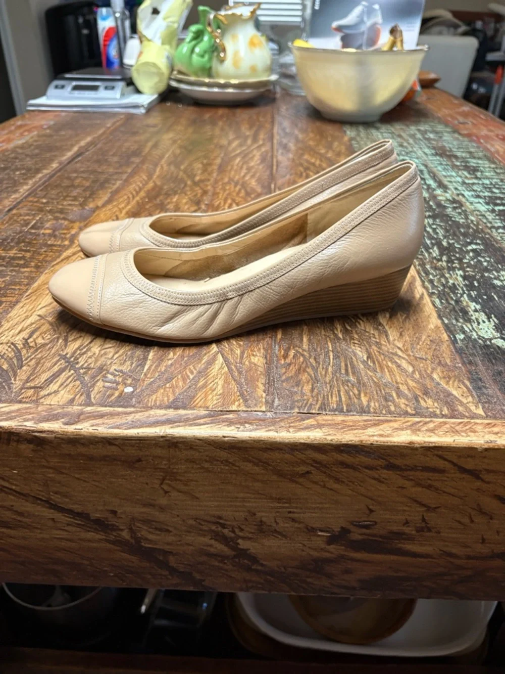 Cole Haan Elsie Nude/Tan Cap Toe Leather Wedge Slip On Wedge Heels Size 9.5